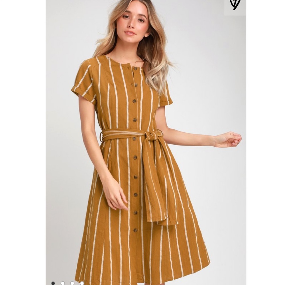 Dark Mustard Yellow Striped Midi Shirt Dress